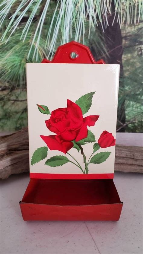 metal match box red and white with girl|Red & White Metal Matchbox Holder With Red Rose Wall Mount.